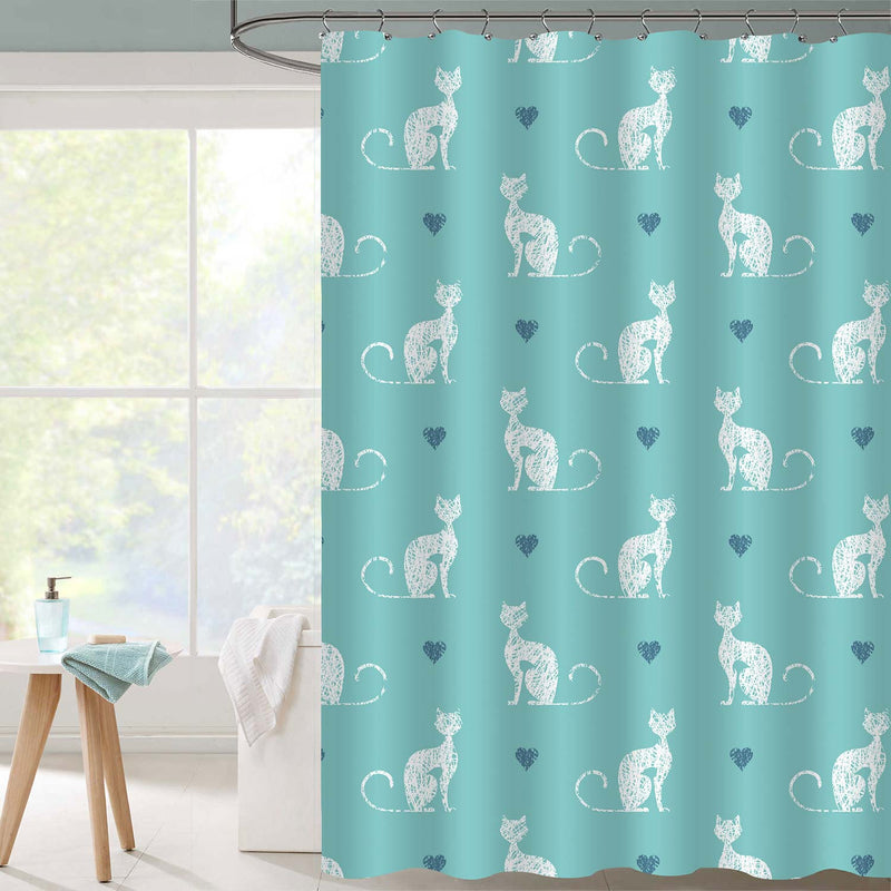 Cute Cat and Heart on Turquoise Background Shower Curtain
