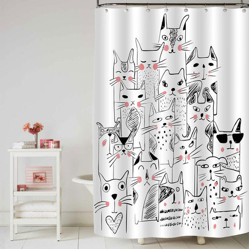 Sketch Cats Shower Curtain - Black White