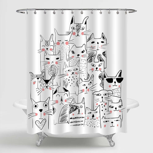 Sketch Cats Shower Curtain - Black White