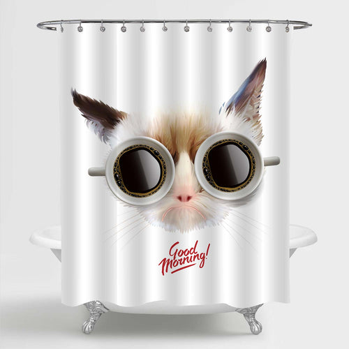 Grumpy Cat with Cups of Coffee Glasses Shower Curtain - Brown