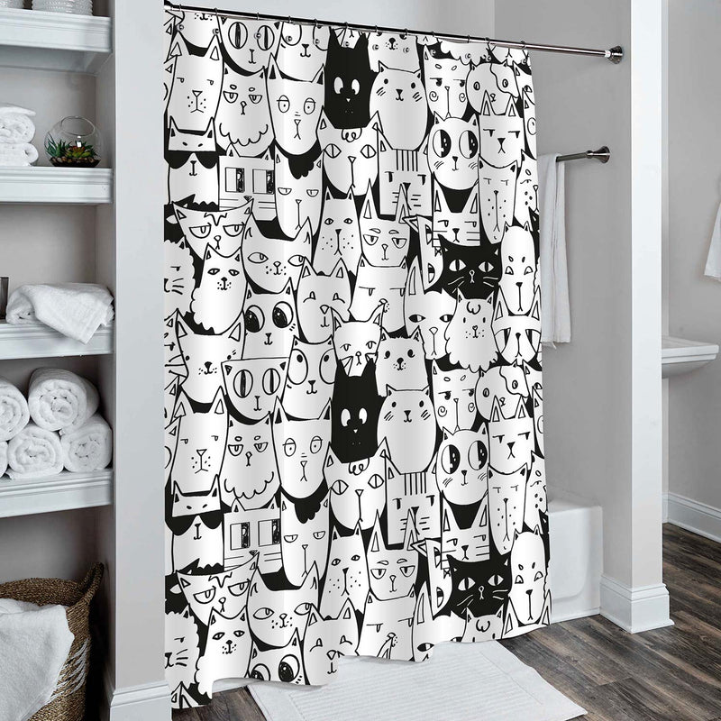 Hand Drawn Cat Shower Curtain - Black White