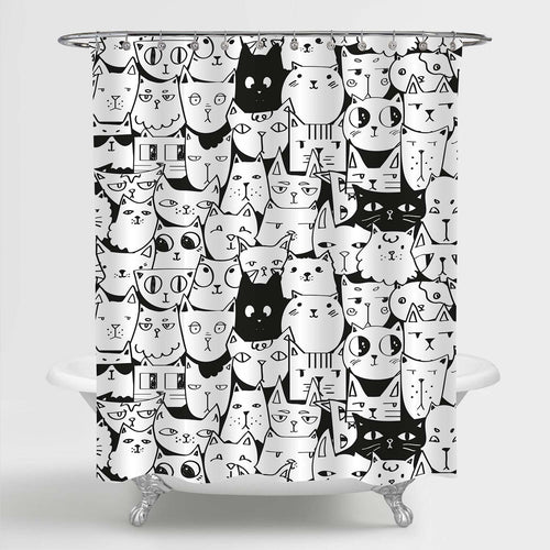 Hand Drawn Cat Shower Curtain - Black White