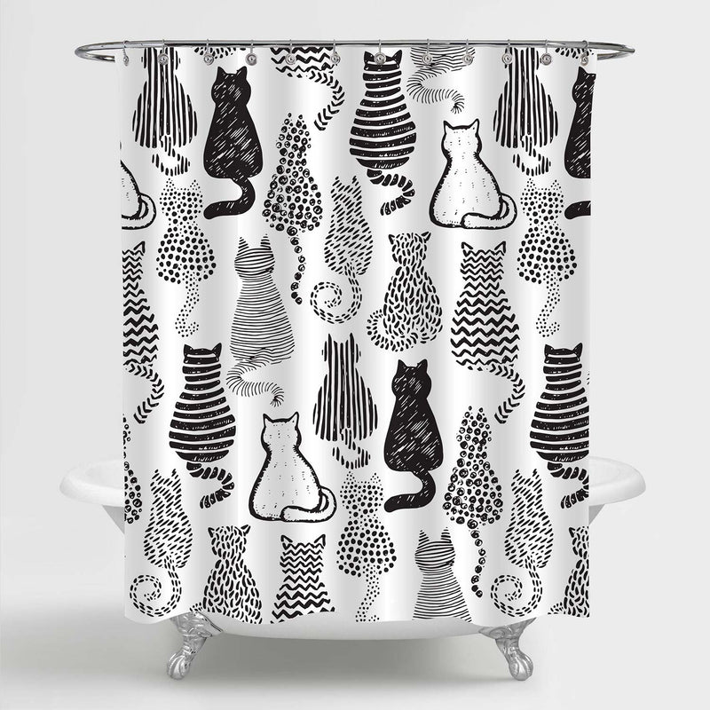 Abstract Cat with Cute Tail Shower Curtain - Black White
