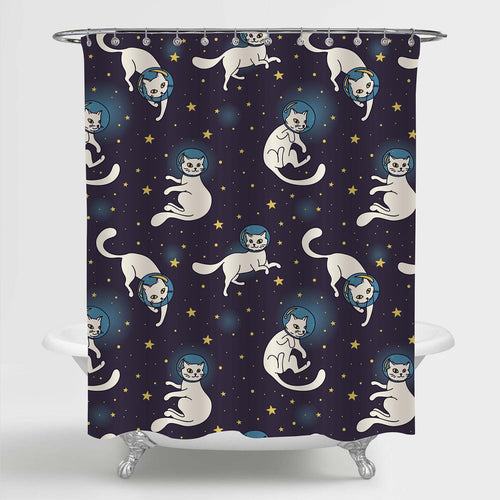 Cat Astronauts with Stars in Space Shower Curtain - Dark Blue