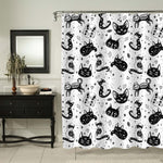 Witch's Cat and and Sugar Skull Cats Shower Curtain - Black White
