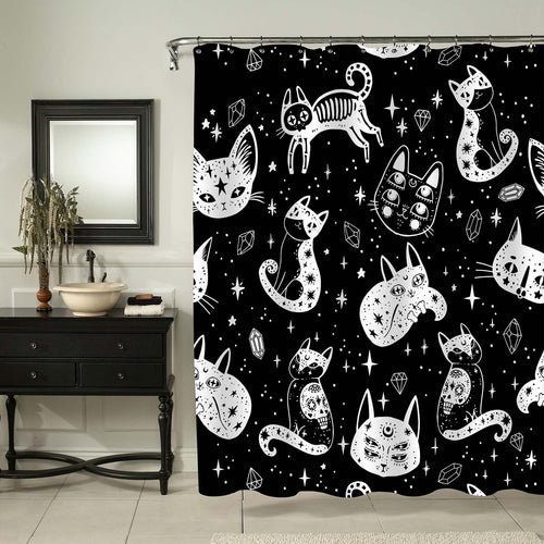 Mexican Witch's Cat and Sugar Skull Cats Shower Curtain - Black White