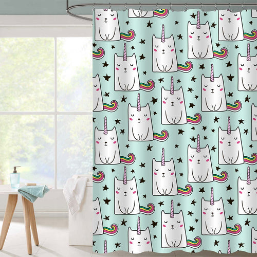 Cute Stars and Cats Unicorn Shower Curtain- Mint White