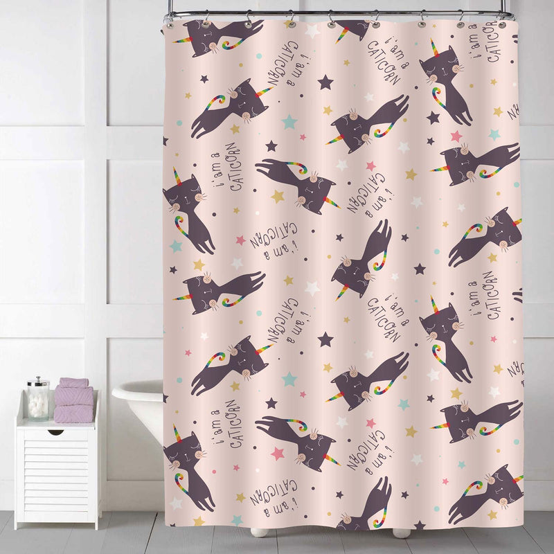 Cute Cat Unicorn Shower Curtain - Coral Black