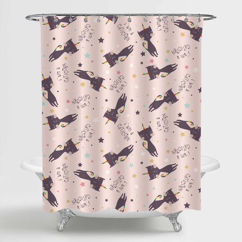 Cute Cat Unicorn Shower Curtain - Coral Black