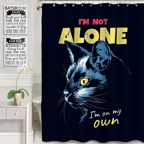 Black Cat and Word Shower Curtain - Dark Blue