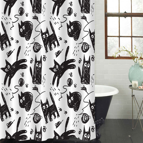 Hand Drawn Sketch Cat Shower Curtain - Black White