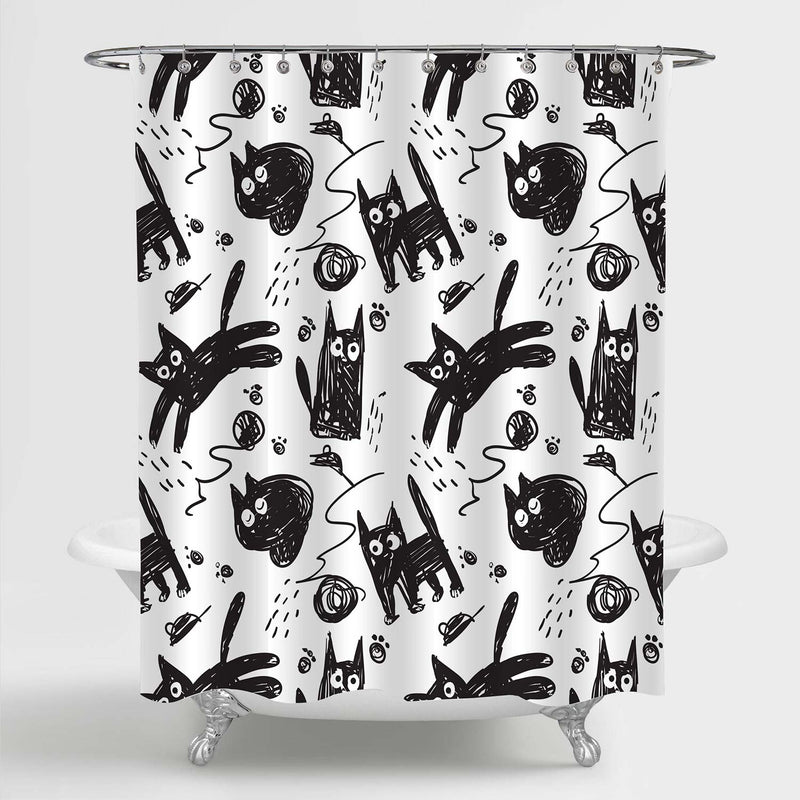 Hand Drawn Sketch Cat Shower Curtain - Black White