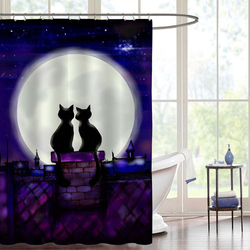 Couple Cats in the Night Looking on Moon Shower Curtain - Purple