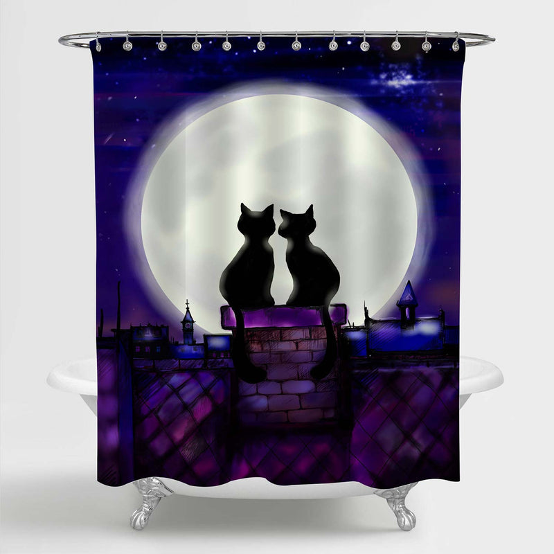 Couple Cats in the Night Looking on Moon Shower Curtain - Purple