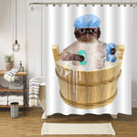 Cat Bathing in Wooden Bucket Shower Curtain - Brown