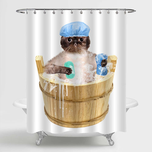 Cat Bathing in Wooden Bucket Shower Curtain - Brown