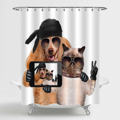 Dog with Cat Taking a Selfie Shower Curtain - Brown