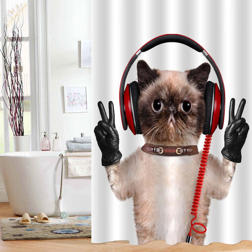 Fluffy Cat Wearing Headphone Shower Curtain - Brown