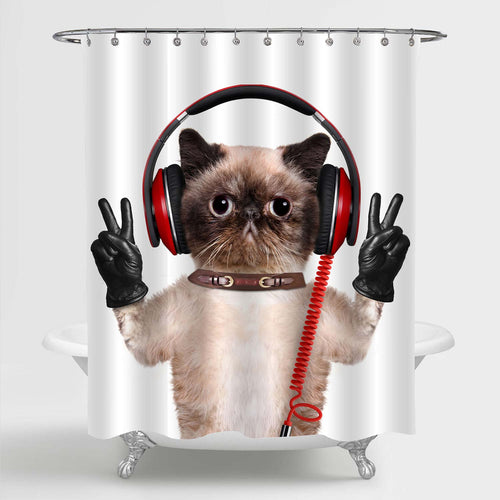 Fluffy Cat Wearing Headphone Shower Curtain - Brown