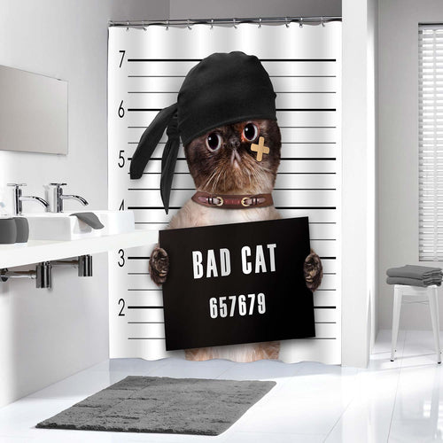 Bad Cat in Jail Shower Curtain - Brown Black