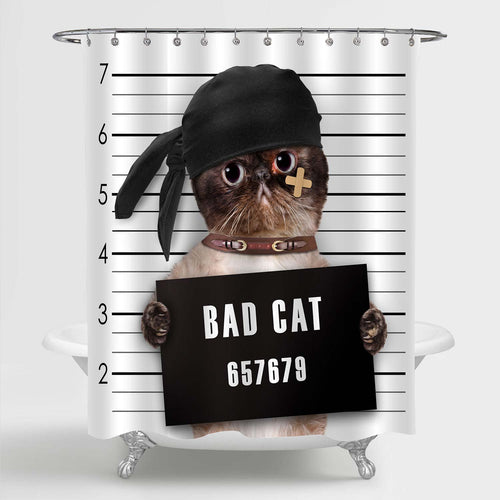 Bad Cat in Jail Shower Curtain - Brown Black