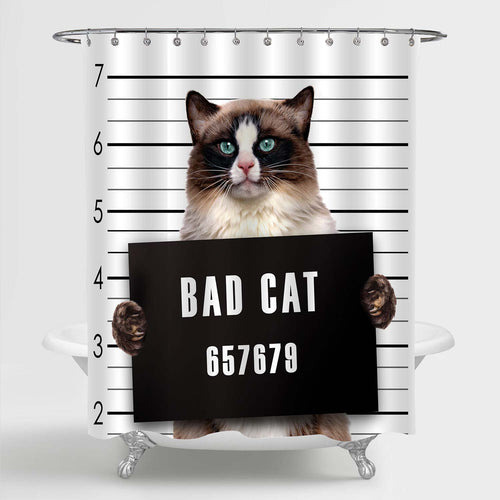 Bad Cat Under Criminal Arrest Police Shower Curtain - Brown Black