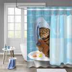 Cat Wearing Towel Cap with Rubby Duck Toy Shower Curtain - Blue