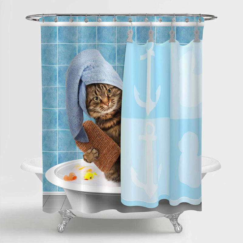Cat Wearing Towel Cap with Rubby Duck Toy Shower Curtain - Blue