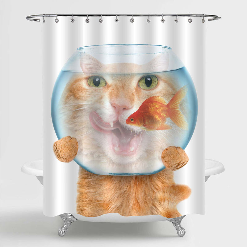 Cat with a Goldfish Aquarium Shower Curtain - Orange Blue