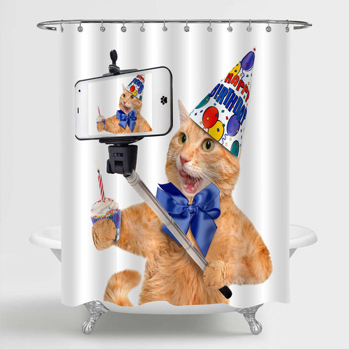 Birthday Cat Taking a Selfie Shower Curtain - Orange