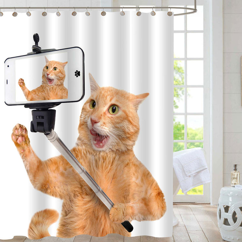 Cat Holding a Selfie Stick Shower Curtain - Orange