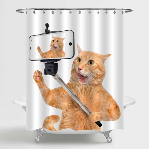 Cat Holding a Selfie Stick Shower Curtain - Orange