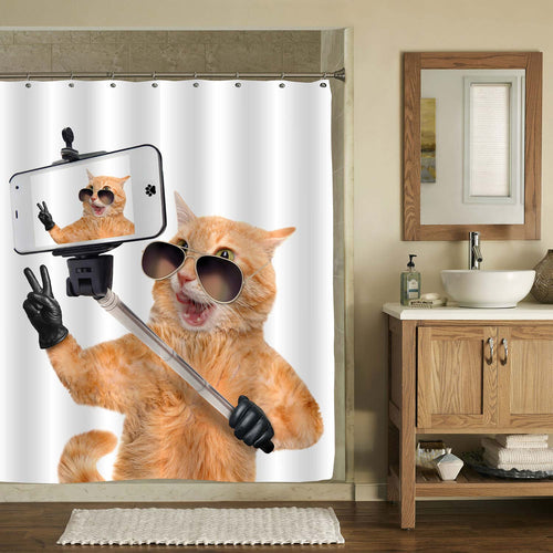 Cat with Peace Fingers Shower Curtain - Orange