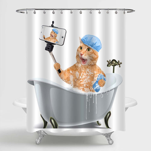 Cat Taking a Bath with Smartphone Shower Curtain - Orange