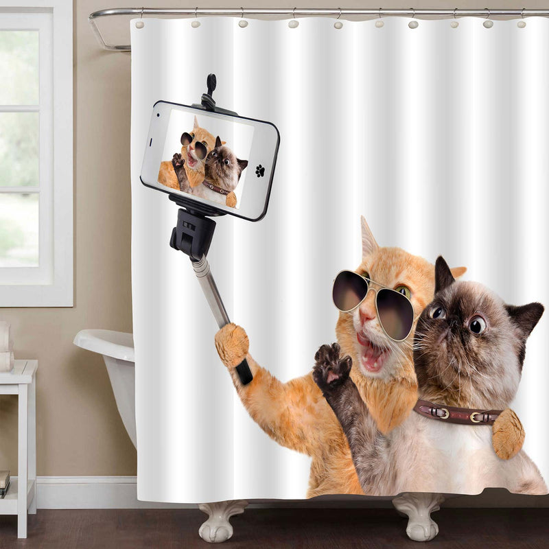 Two Cats Selfie Humorous Shower Curtain - Orange Brown