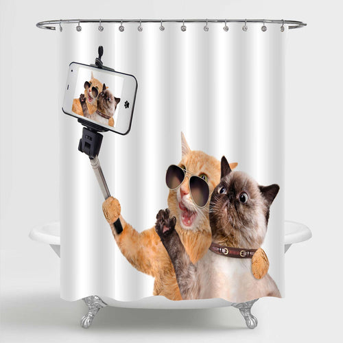 Two Cats Selfie Humorous Shower Curtain - Orange Brown