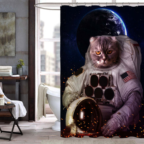 NASA Cat Astronaut in Outer Space Shower Curtain - Dark Blue White