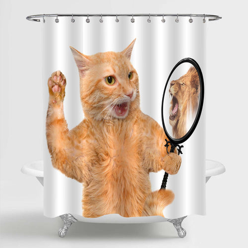 Cat Seeing a Roar Lion in the Mirror Shower Curtain - Orange