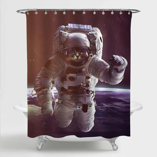 Spaceman Cat Floats Above Earth Galaxy Shower Curtain