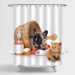 Cat and French Bulldog Bath Time Shower Curtain - Brown