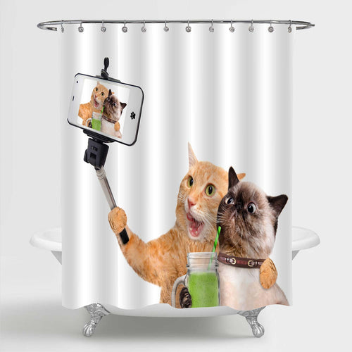 Two Cat Taking a Selfie Shower Curtain - Brown Orange