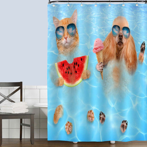 Cat and Dog in Blue Sea Funny Shower Curtain - Orange Blue