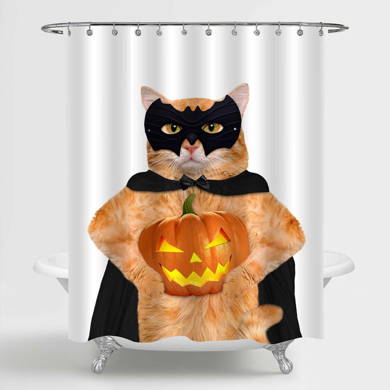 Cat in Costume with Halloween Pumpkin Shower Curtain - Orange Black