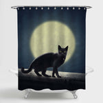 Black Cat with Full Evil Moon Horror Halloween Shower Curtain - Black Dark Blue
