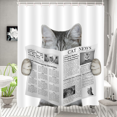 Cat Reading a Newspaper Shower Curtain - Grey