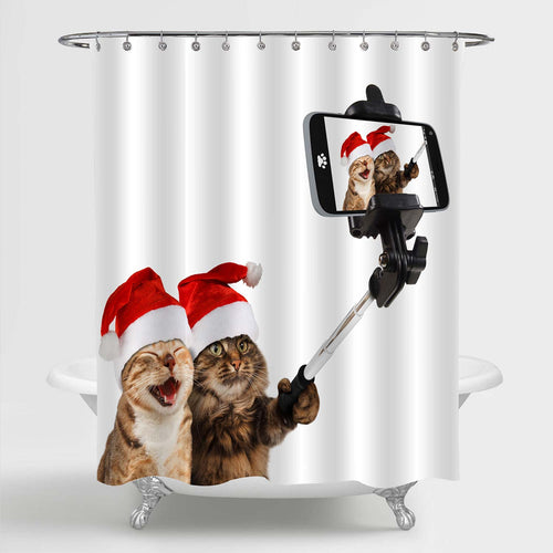 Cats in Christmas Hats Smile Shower Curtain - Brown Red