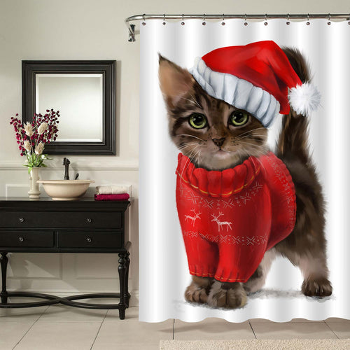 Watercolor Cat in Santa Cap Christmas Shower Curtain - Brown Red