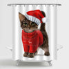 Watercolor Cat in Santa Cap Christmas Shower Curtain - Brown Red