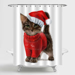Watercolor Cat in Santa Cap Christmas Shower Curtain - Brown Red