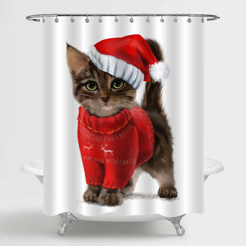 Watercolor Cat in Santa Cap Christmas Shower Curtain - Brown Red